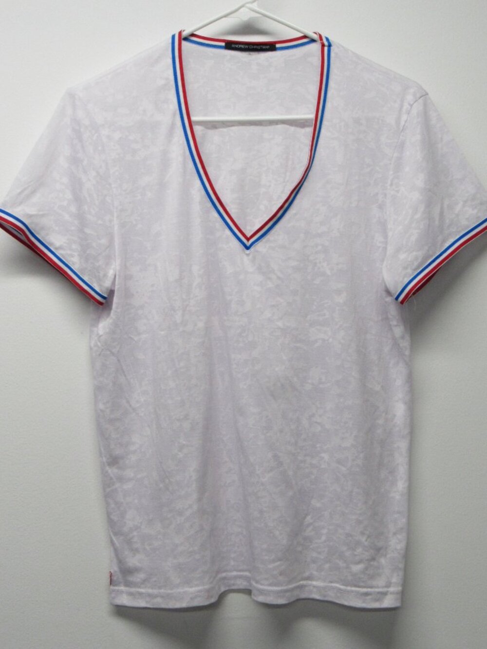 Andrew Christian Deep V Neck White Burnout Red Blue Trim Tee T Shirt sz M/L?